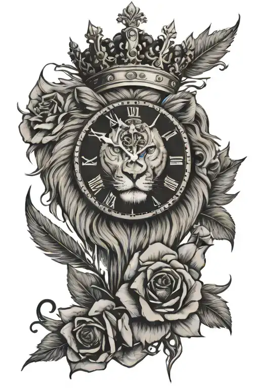 rose, lightening bolts, lion wearing crown, clock tattoo design idea