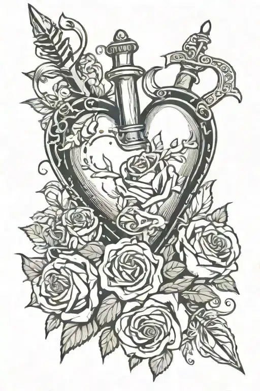 heart and roses and dagger wrapped tattoo design idea