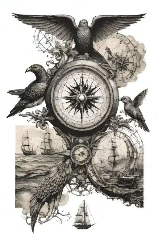 maritime compass world map swallow hourglass sea turtle sailing ship old tattoo design idea
