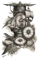maritime compass world map swallow hourglass sea turtle sailing ship old tattoo design idea