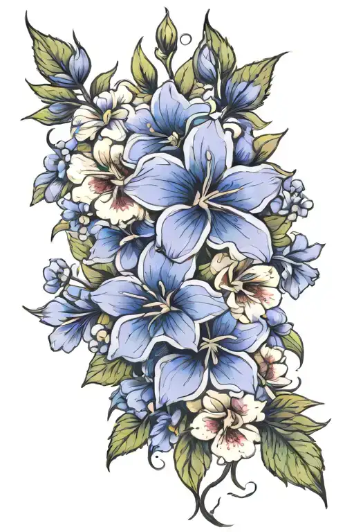larkspur + violet + primrose flowers tattoo design idea