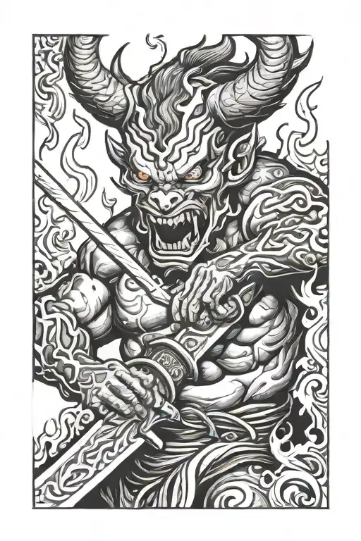 oni demon biting samuri sword with flames neck tattoo tattoo design idea