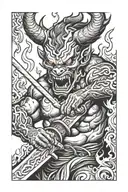 oni demon biting samuri sword with flames neck tattoo tattoo design idea