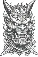 oni demon biting samuri sword with flames neck tattoo tattoo design idea
