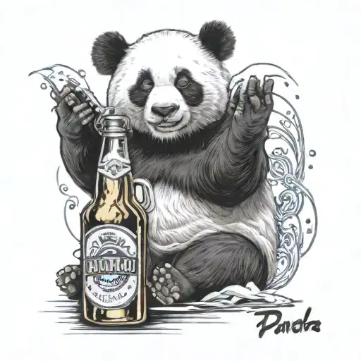 panda with beer bottle, behind text "Woodstock" tattoo design idea