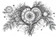Heart, tree with roots, clock, sun, stars, planets, moon, compass, key tattoo design idea