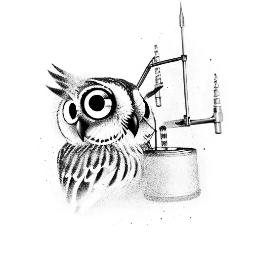 A black-grey tattoo of an owl DJ spinning trap records with drill music notes surrounding it tattoo design idea
