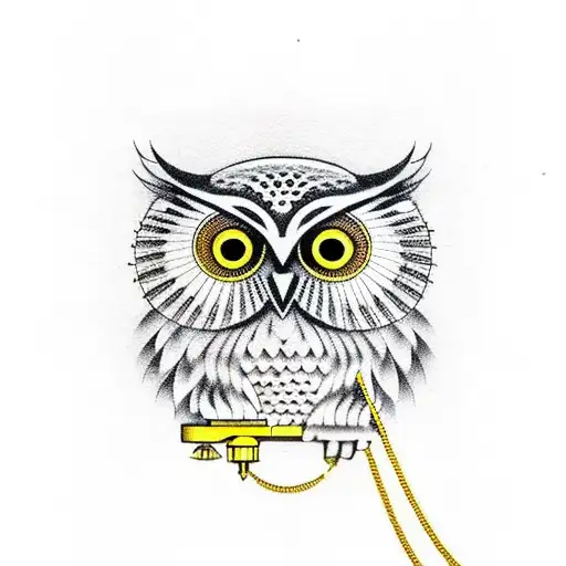 An owl wearing a gold chain and holding a drill microphone tattoo design idea