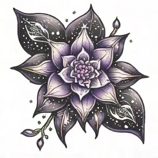 purple flower bud like stars and galaxy filled tattoo design idea