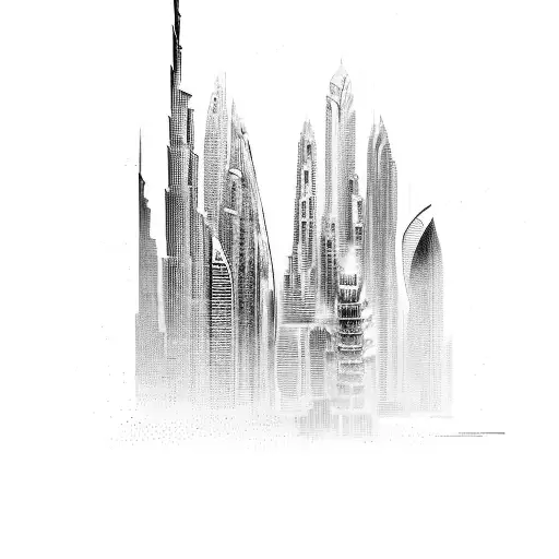 A futuristic cityscape of Dubai with sleek motocycles racing through the streets, symbolizing the fast-paced world of trading. tattoo design idea