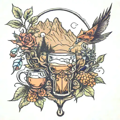 Drinking in nature and mountains tattoo design idea