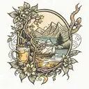Drinking in nature and mountains tattoo design idea