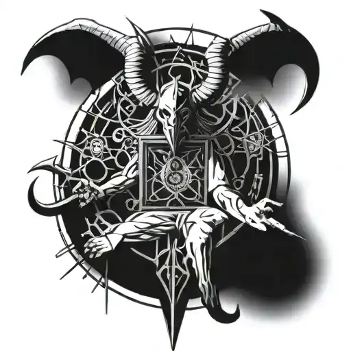 A tattoo design combining elements of satanism and high tech, featuring a futuristic interpretation of Baphomet surrounded by circuitry and symbols of the occult tattoo design idea