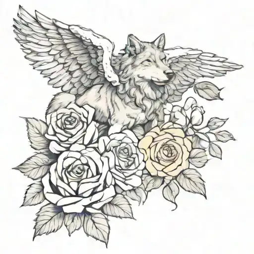 roses, wolf and fallen angel tattoo design idea