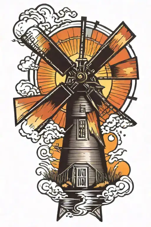 windmill with sun setting tattoo design idea