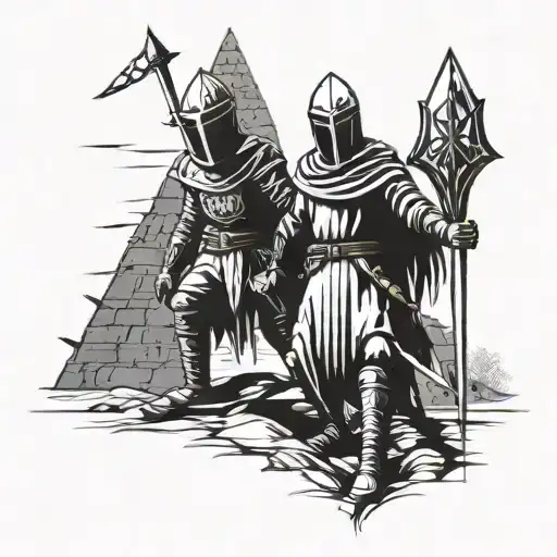 Solaire of Astora from the Dark Souls Video games fights against Pyramid Head from Silent Hill tattoo design idea