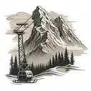 A black-grey tattoo of a ski lift ascending a mountain peak with a ship silhouette in the distance tattoo design idea