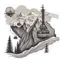 A black-grey tattoo of a ski lift ascending a mountain peak with a ship silhouette in the distance tattoo design idea