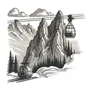 A black-grey tattoo of a ski lift ascending a mountain peak with a ship silhouette in the distance tattoo design idea