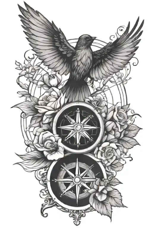 flowers swallows compass design tattoo design idea