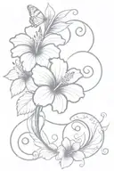 a hibiscus flower with a butterfly and a border which extends the 2 with the initials W and C tattoo design idea