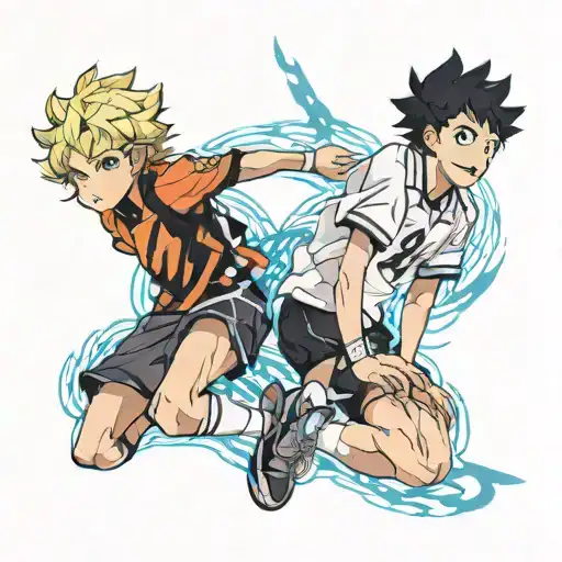 blond hair blue eye girl and black curly haired boy haikyu tattoo design idea