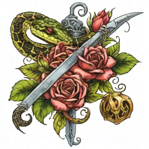 A strong snake and a holy sword, plus a rose growing tattoo design idea