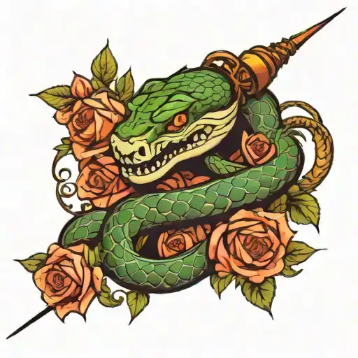 A strong-looking snake made of metal and a spear covered in roses. tattoo design idea