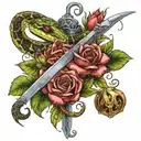 A strong snake and a holy sword, plus a rose growing tattoo design idea