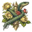 A strong snake and a holy sword, plus a rose growing tattoo design idea