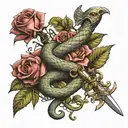 A strong snake and a holy sword, plus a rose growing tattoo design idea