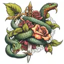 A strong snake and a holy sword, plus a rose growing tattoo design idea