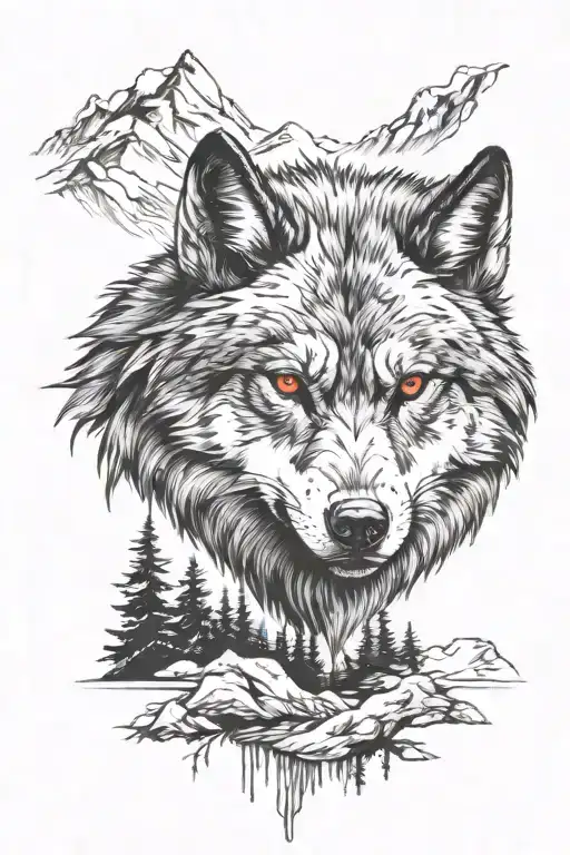 a angry wolf with red eyes and scar on mountains and woods tattoo design idea