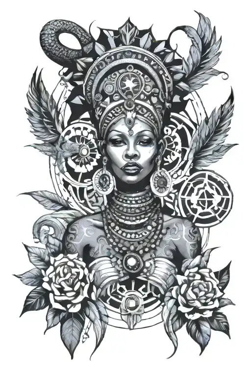 African goddess surrounded tattoo design idea