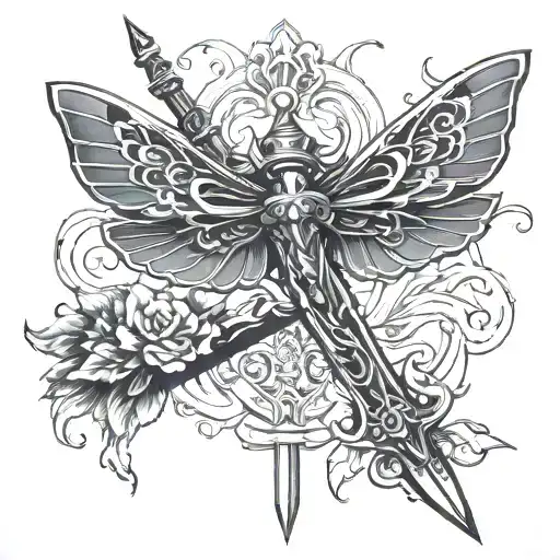 a sword thats like a moth emerging tattoo design idea