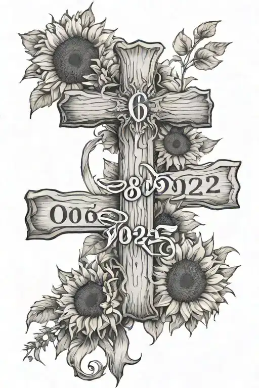  A wooden cross with the date 06/20/2022 in Roman numeral format written in the cross with sunflowers behind the cross  tattoo design idea