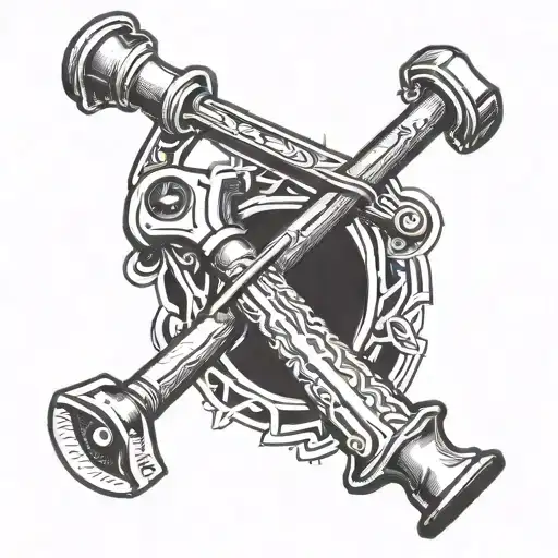 A blackwork tattoo of a carpenter's hammer and saw intertwined with musical instruments tattoo design idea