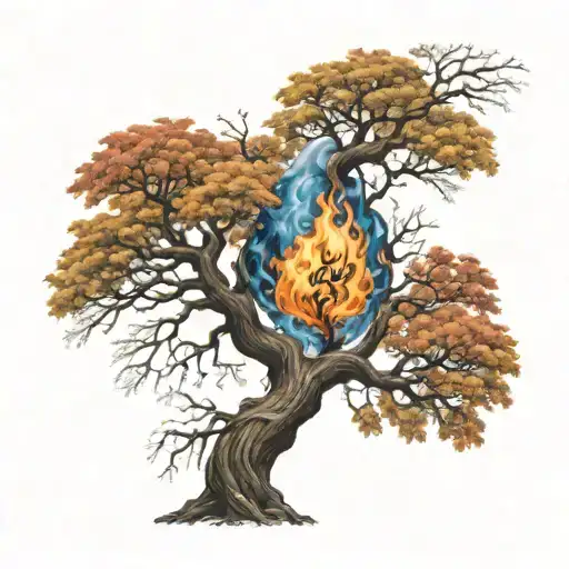 Burning a tree without leaves with the inscription ' after all, a person cannot plant a flame tattoo design idea