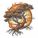 Burning a tree without leaves with the inscription ' after all, a person cannot plant a flame tattoo design idea