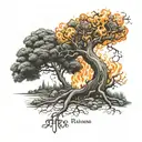 Burning a tree without leaves with the inscription ' after all, a person cannot plant a flame tattoo design idea
