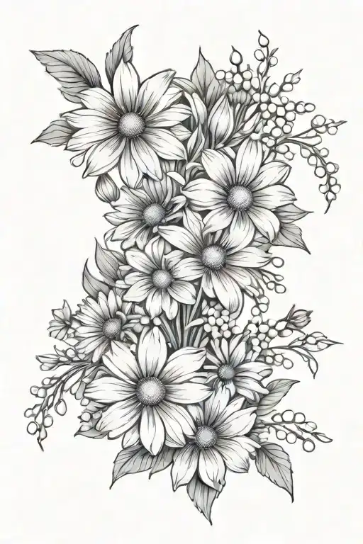daisy, cosmos, cosmos, chrysanthemums, chrysanthemums, lily of the valley flowers tattoo design idea