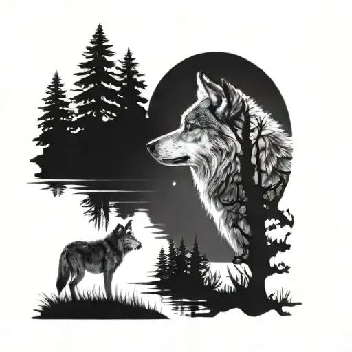 wolf in a forest background looking in a pond and see himself as a pup in moonlight reflection  tattoo design idea