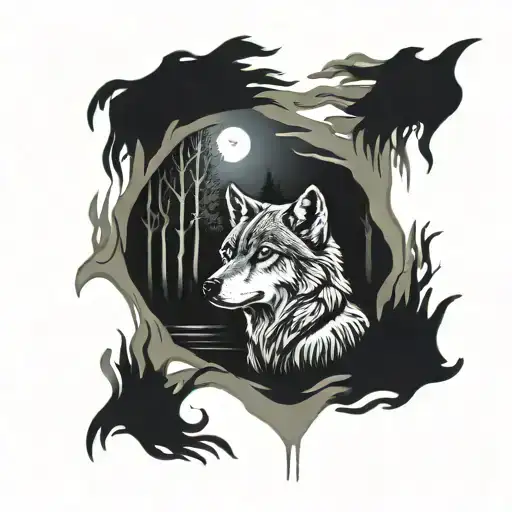 wolf in a forest background looking in a pond and see himself as a pup in moonlight reflection  tattoo design idea