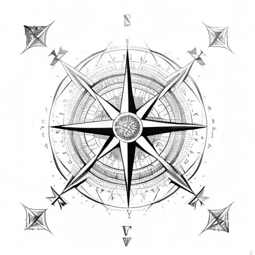 An intricate compass rose with a mountain range as the backdrop tattoo design idea