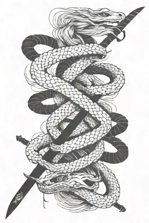 Oriental katana fire and snake tattoo design idea