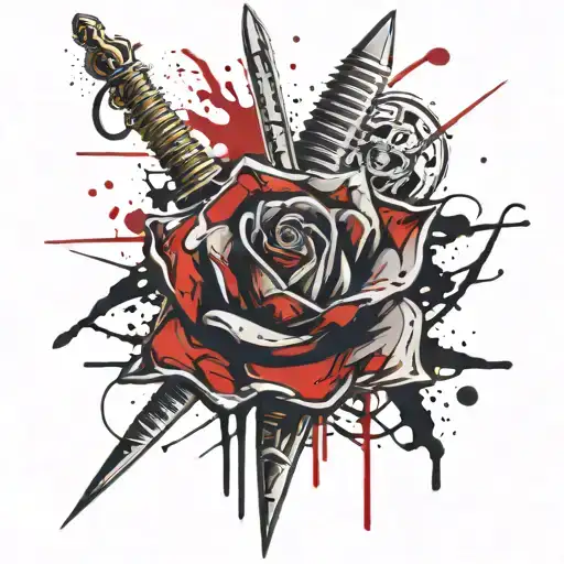 rose with dagger behind it and blood splatters surrounding tattoo design idea