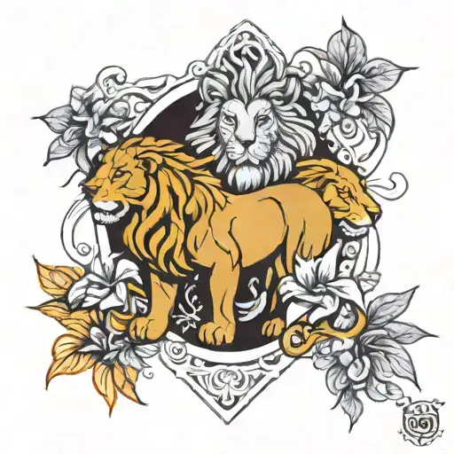 Lion surrounded by laylas & 1 Cattleya trianae tattoo design idea