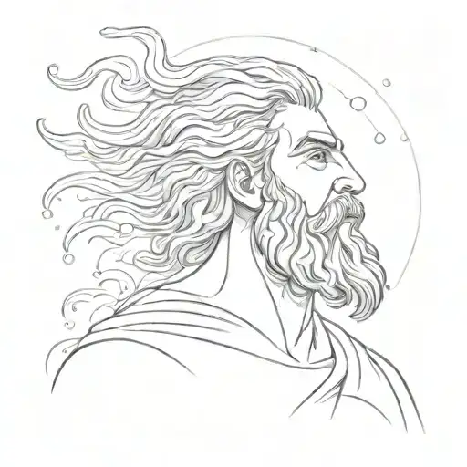 Greek god in the clouds with a beard holds in two hands the sun with rays similar to a dotted line tattoo design idea