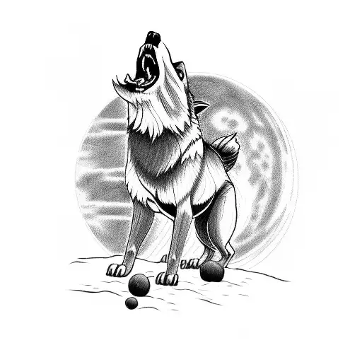 A muscular wolf howling at the moon on a beach at sunset tattoo design idea