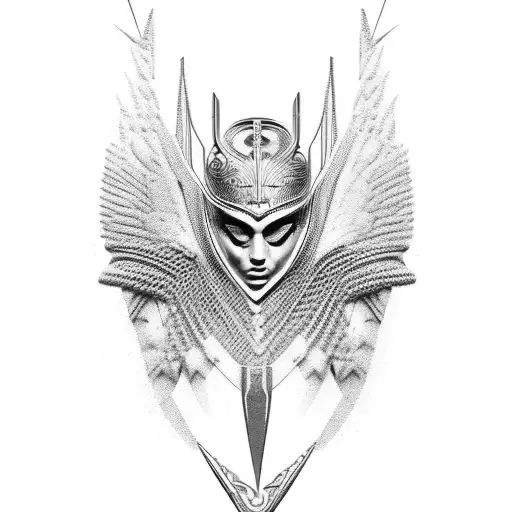 A modern interpretation of Nike, the goddess of victory, in a futuristic armor design tattoo design idea